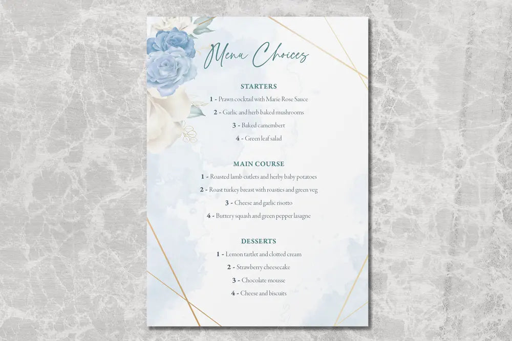 RSVP Card with Menu Choices Blue Floral