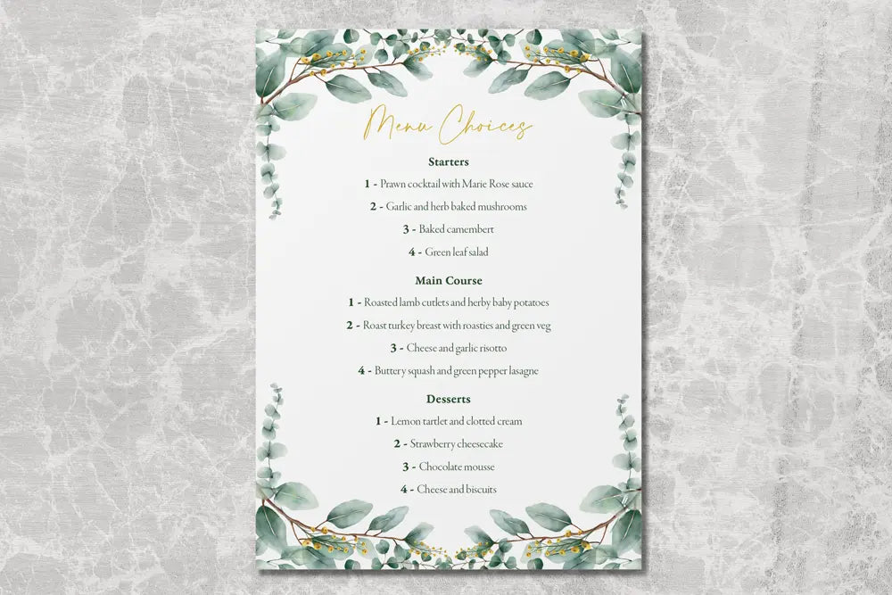 RSVP Card with Menu Choices Golden Eucalyptus