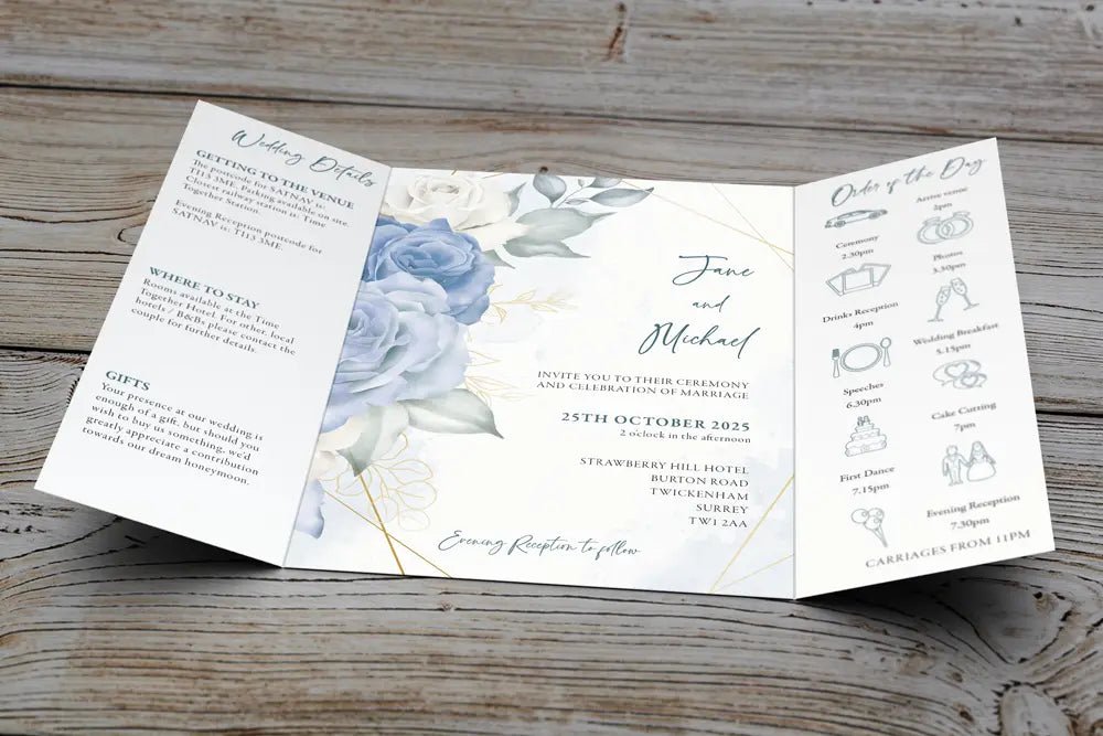 Gatefold Wedding Invitation Blue Floral