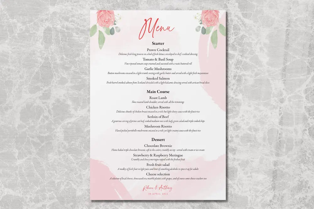 RSVP Card with Menu Choices Rose