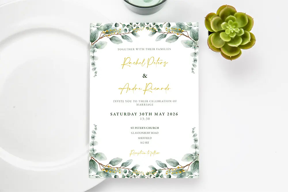 Wedding Invitation Card Golden Eucalyptus