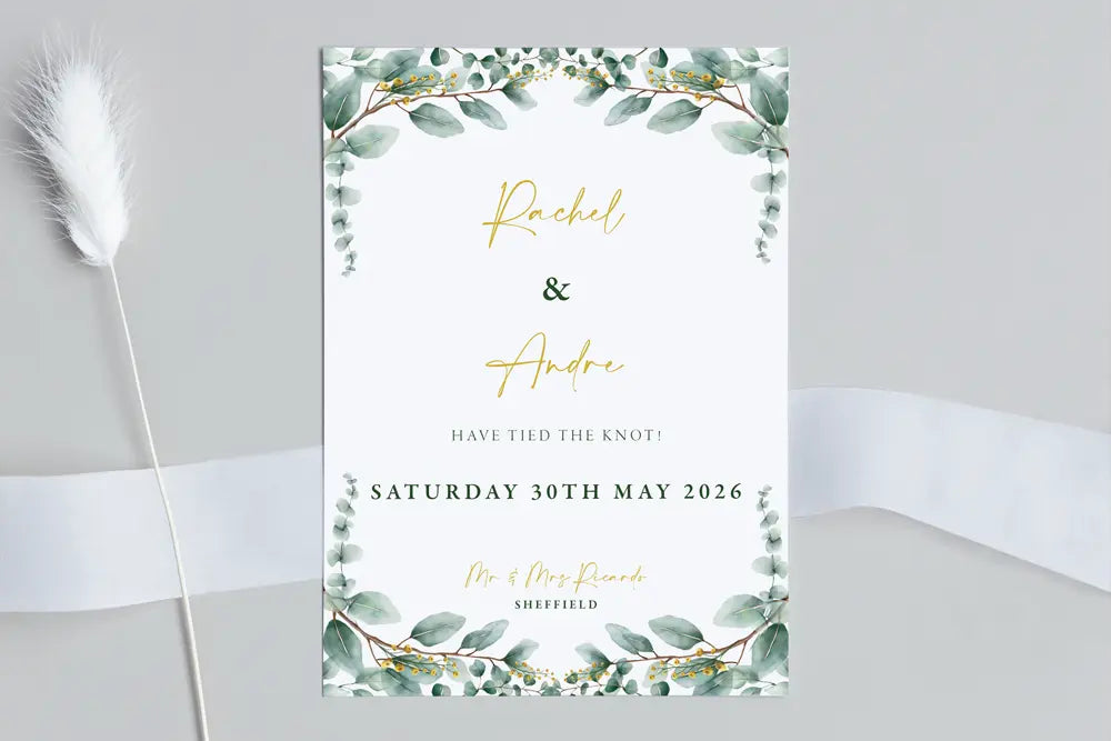 Wedding Announcement Card Golden Eucalyptus