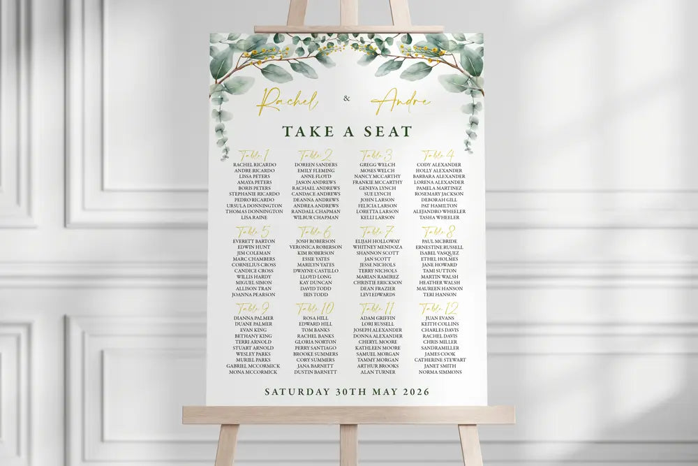 Seating Plan Sign Golden Eucalyptus