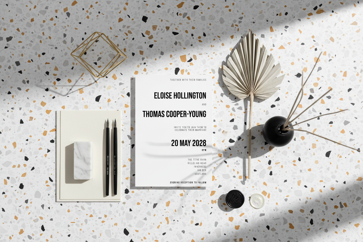 Contemporary flat lay wedding invitation mockup