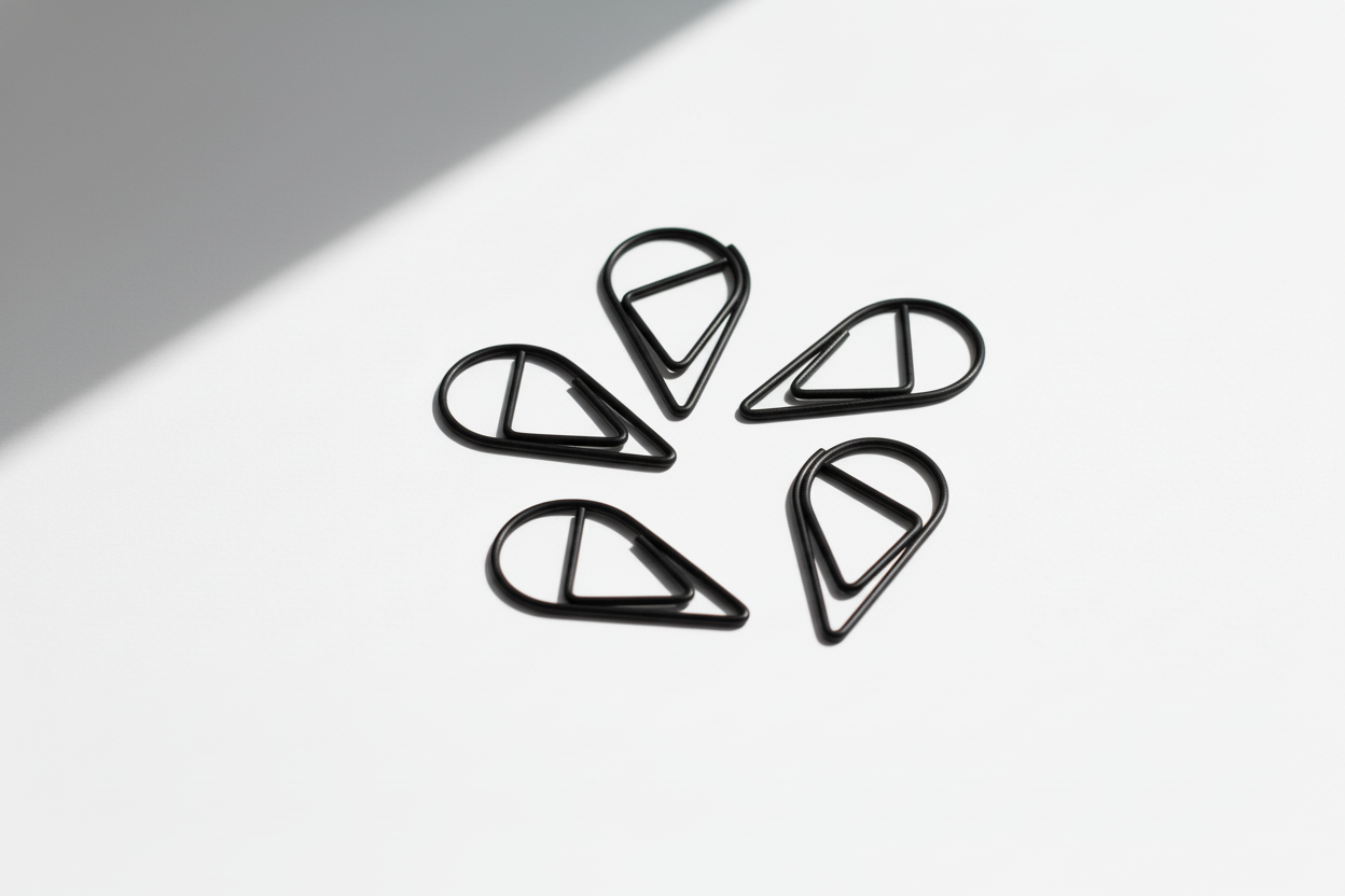 Five black tear drop paperclips