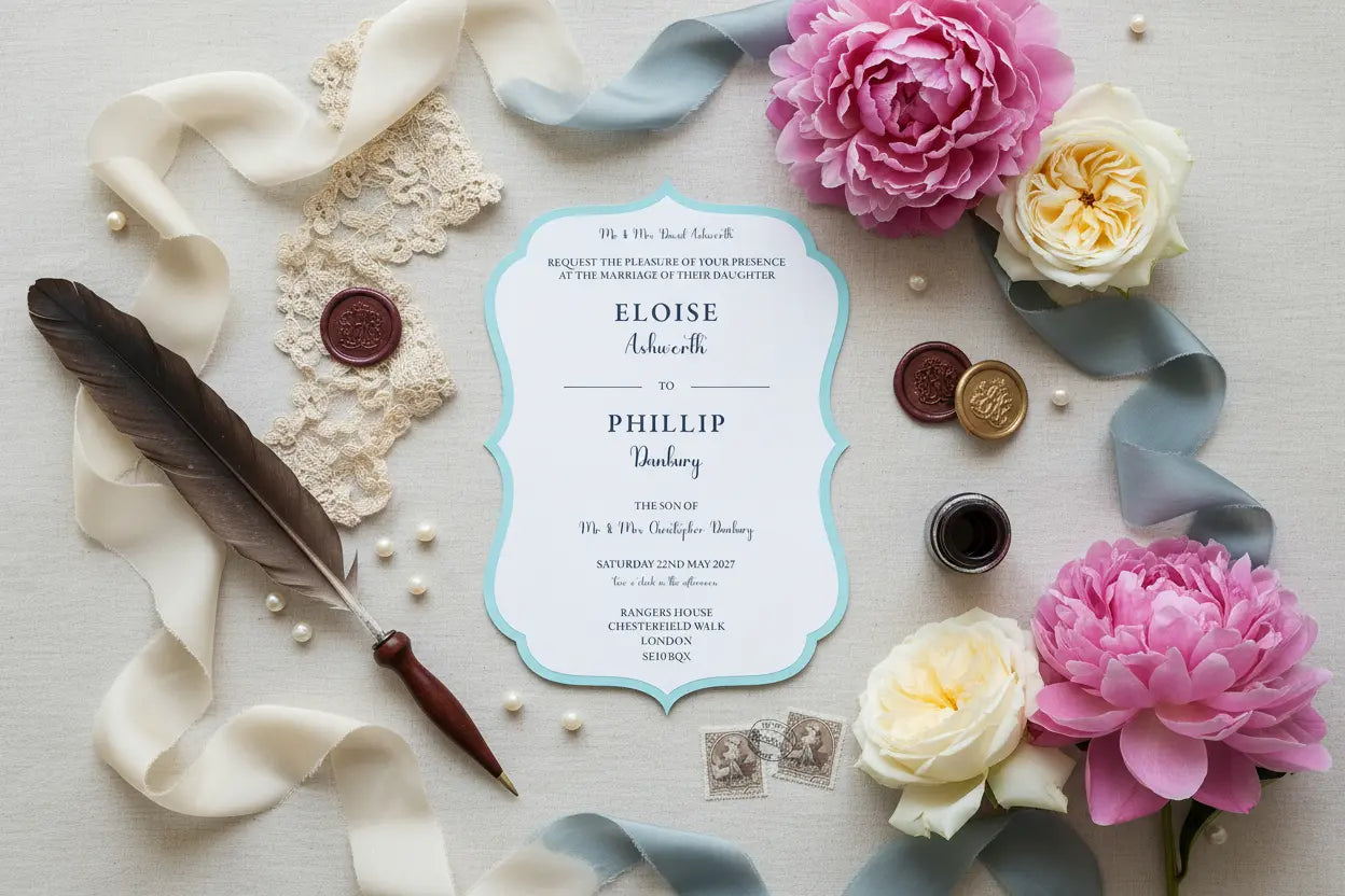 Regency vintage themed die-cut invitation flat lay landscape