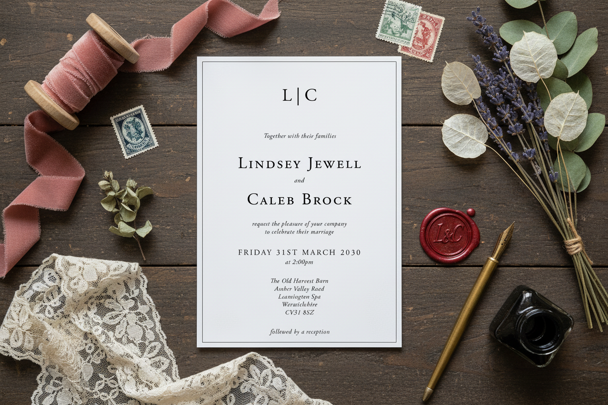 Vintage-style wedding invitation flat lay with white paper