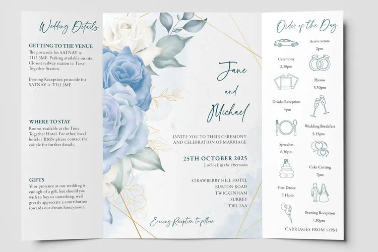 Gatefold Wedding Invitation Blue Floral