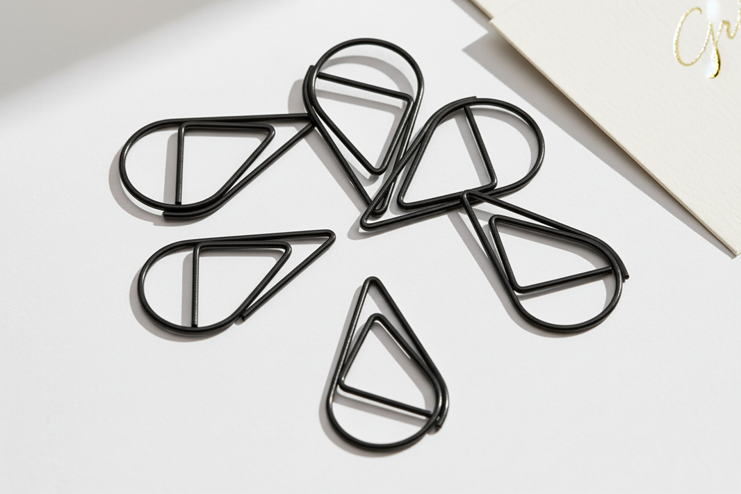 Black tear drop paperclips with stationery