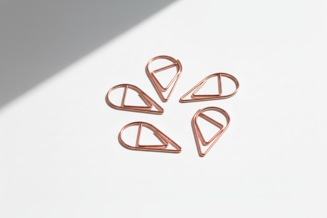 Five rose gold tear drop paperclips