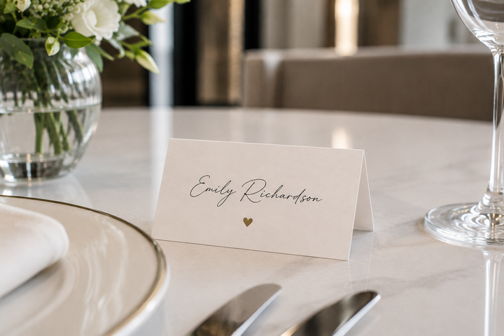 A place card folded on a table in front of a vase, for Emily Richardson. A small beige heart accompanies the calligraphic font used.