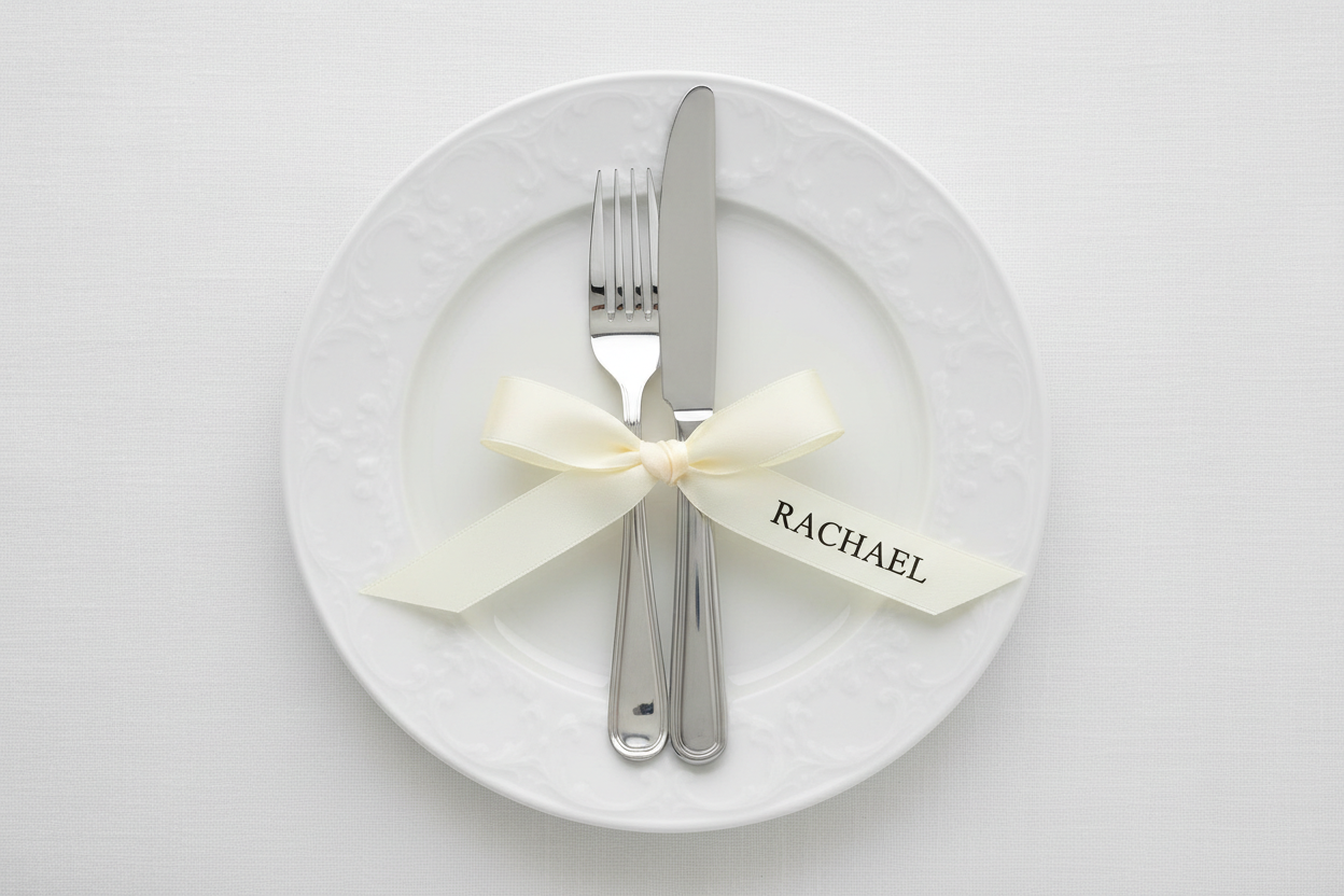 Light cream ribbon with Rachael in black foil