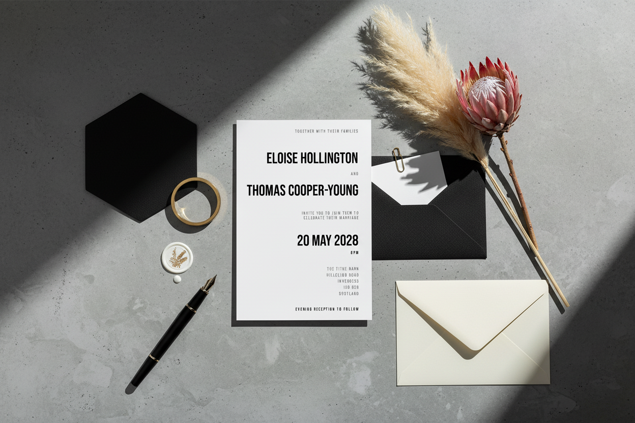 Modern flat lay wedding invitation mockup