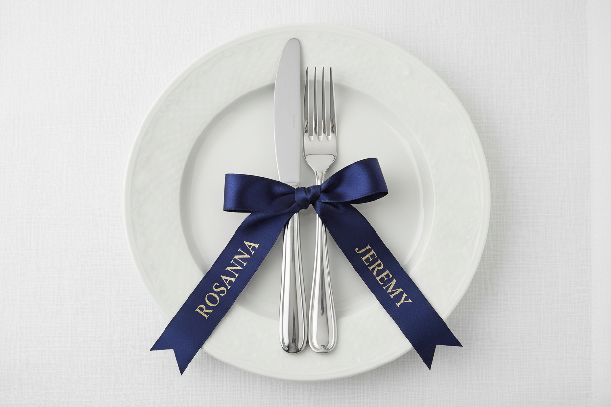 Ribbon tied around cutlery only, placed on plate