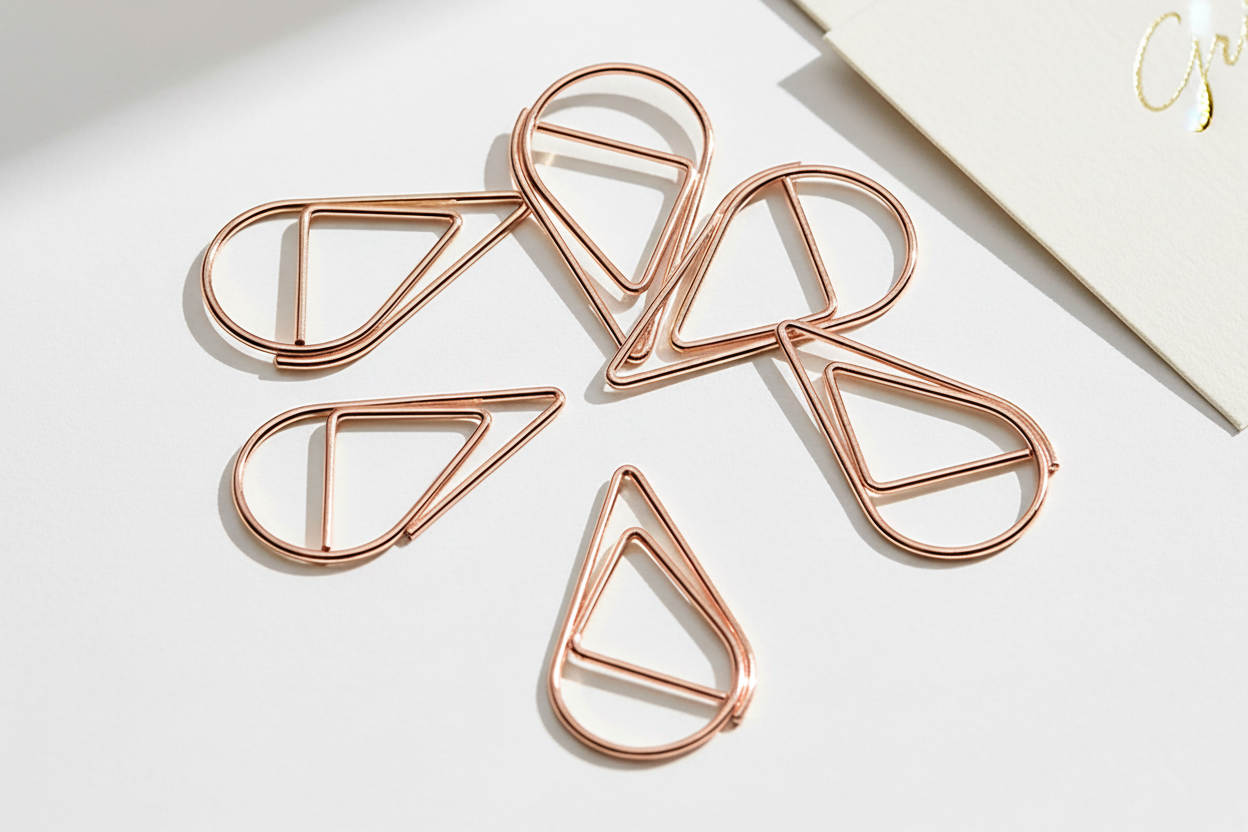 Rose gold tear drop paperclips with stationery - bolder colour