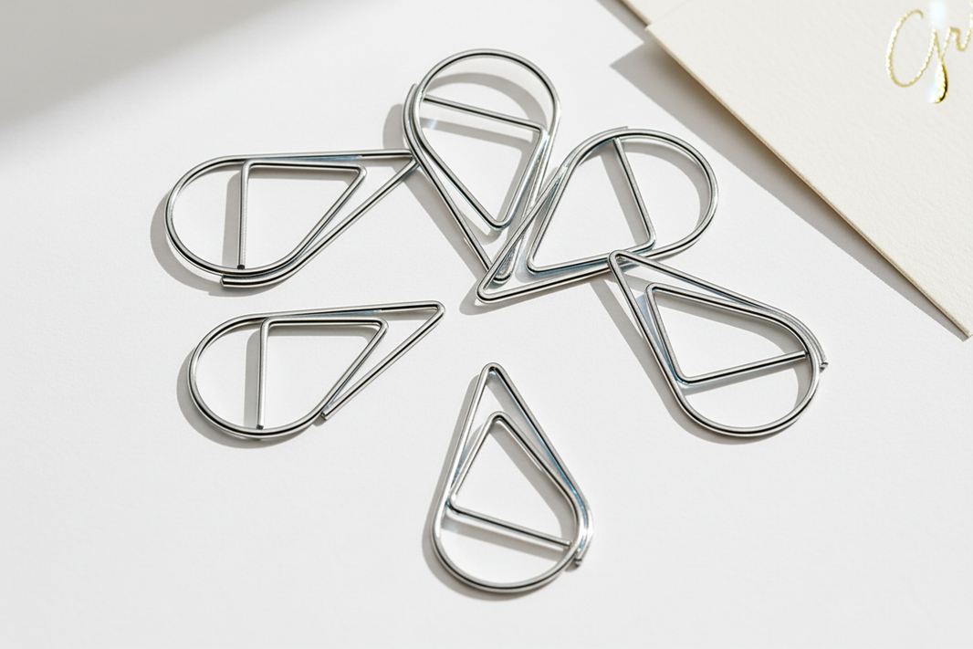 Silver tear drop paperclips with stationery